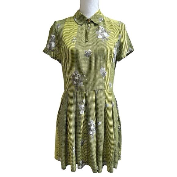 Opening Ceremony Sz M Mini Dress Silk Floral Stripe Geometric Short Slv Pleated - Picture 1 of 7